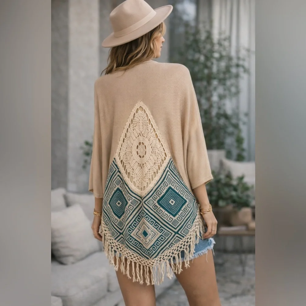Umgee Boho Crochet Back Fringe Kimono Cardigan | Oversized (1157)